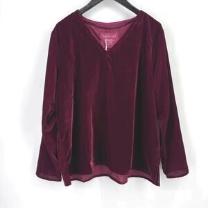 Karyn Seo Della Velvet V-Neck Boxy Fit Shirt Womens Size Large Beet Red